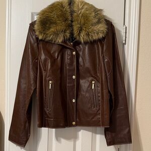 a.n.a Brown Leather Jacket with removable Faux Fur Collar